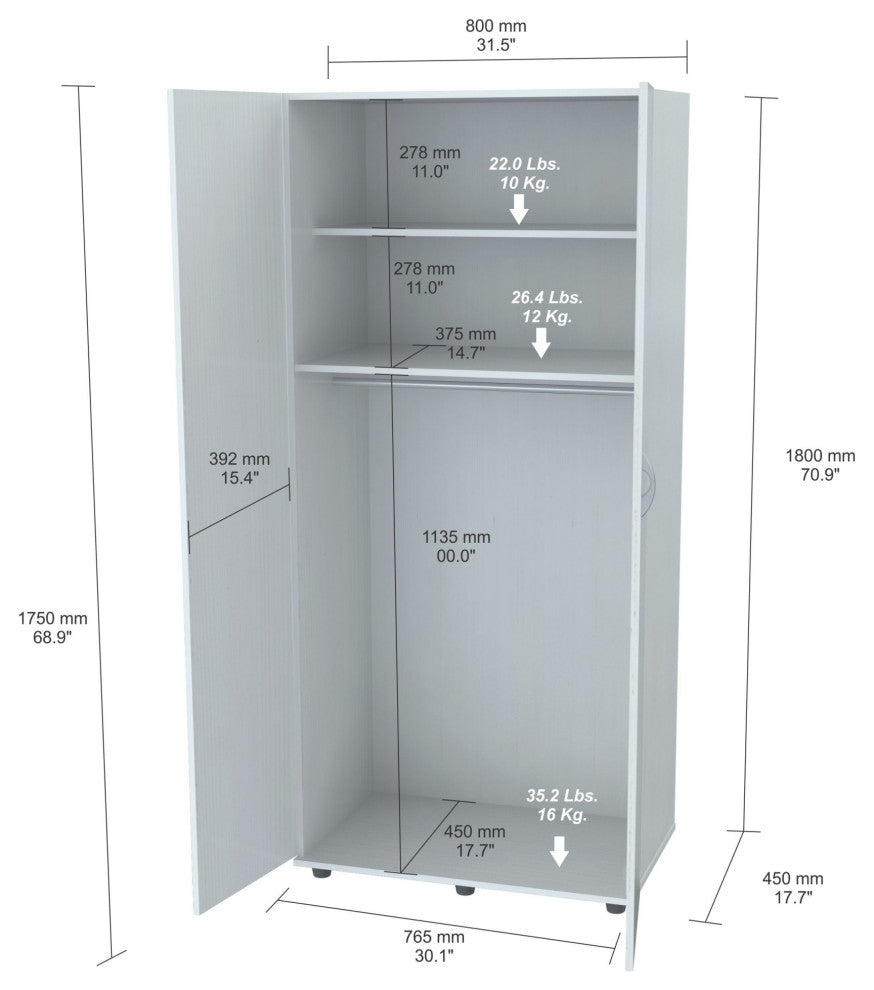HomeRoots White Finish Wood Wardrobe with Two Doors