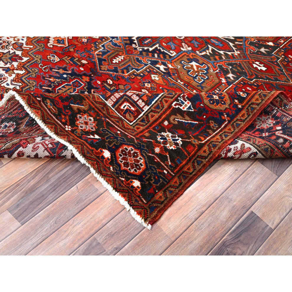 Chili Red Worn Wool Hand Knotted Vintage Persian Heriz Oriental Rug 7'5"x8'10"