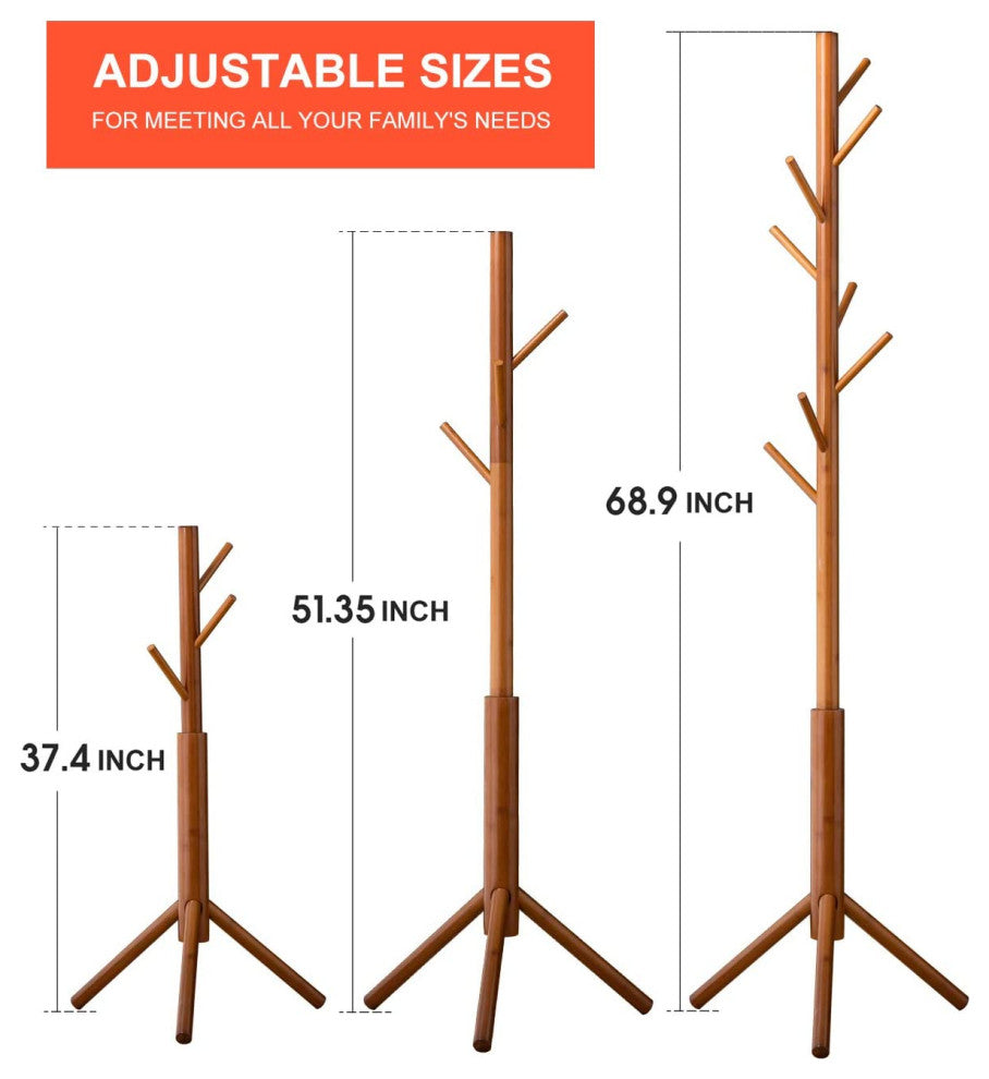Bamboo Coat Rack Freestanding Stand Tree Adjustable Coat with 3 Sections 8 Hooks