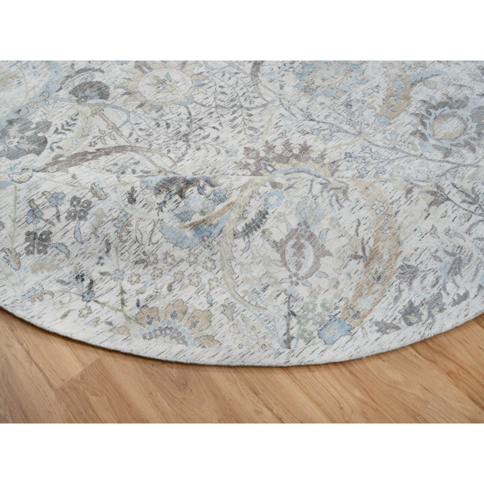 Ivory, Silk With Wool Hand Knotted, Sickle Leaf Design Round Rug, 9'9"x9'9"