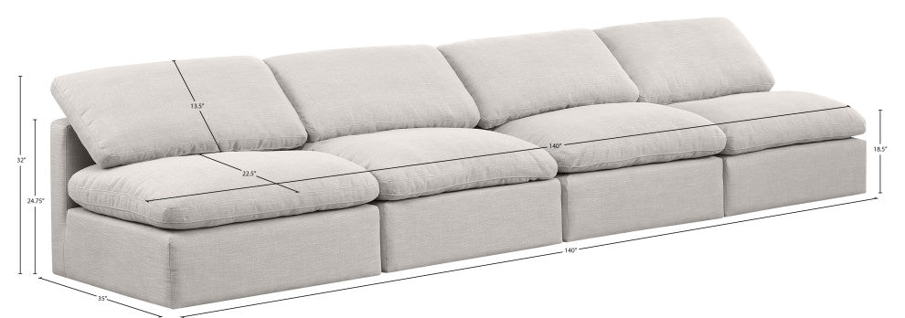 Indulge Upholstered Modular Sofa, Cream, 4-Piece: 4 Armless Chair, Down Stuffed Linen Textured Fabric