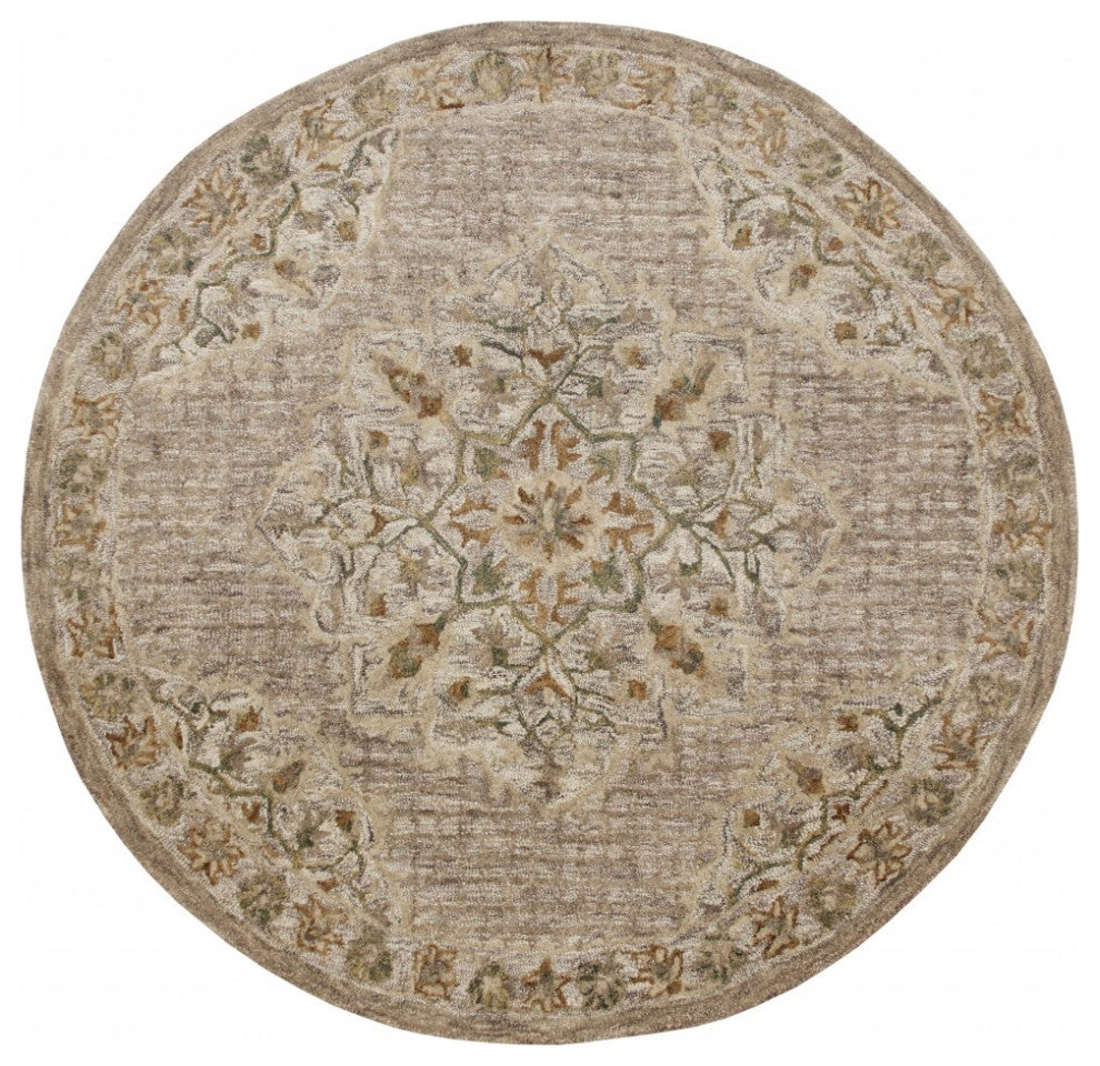 4' Round Beige Distressed Medallion Area Rug
