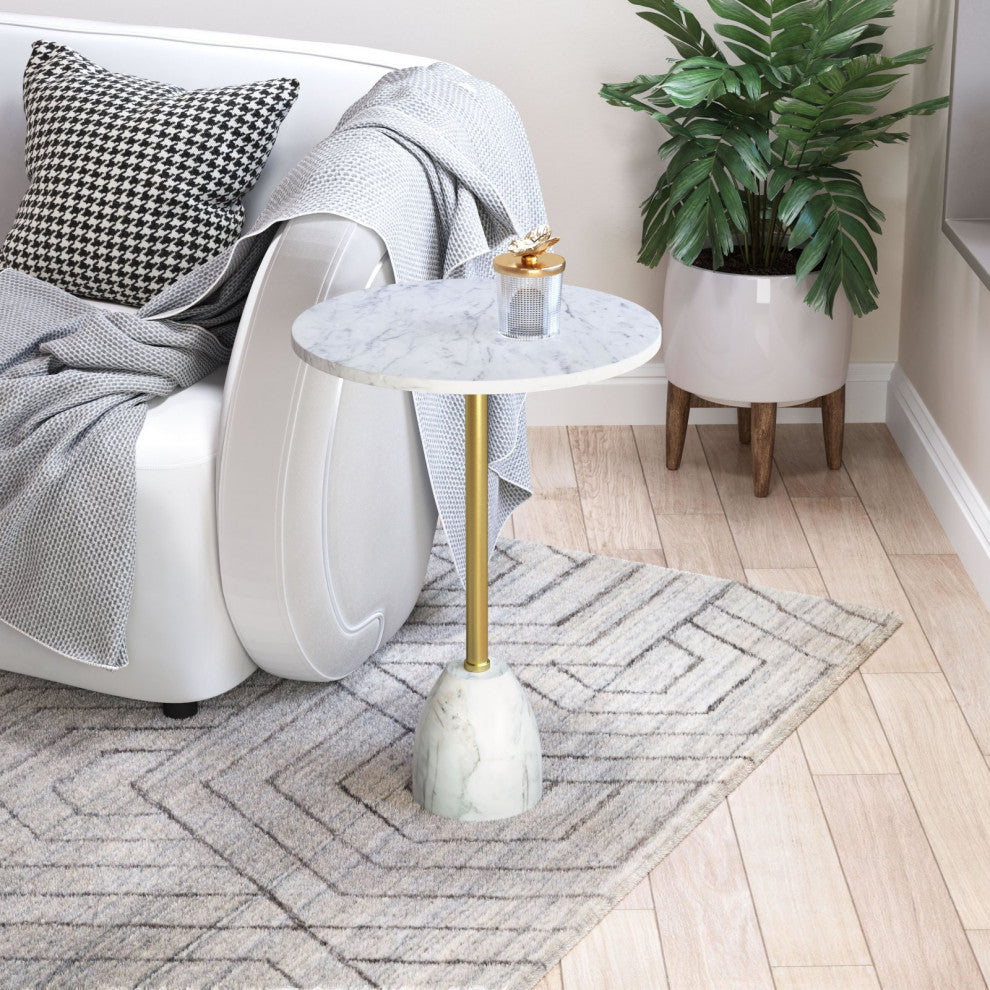 Sofa Side Table, Round, Artificial Marble, Iron Metal, White, Gold, Hospitality