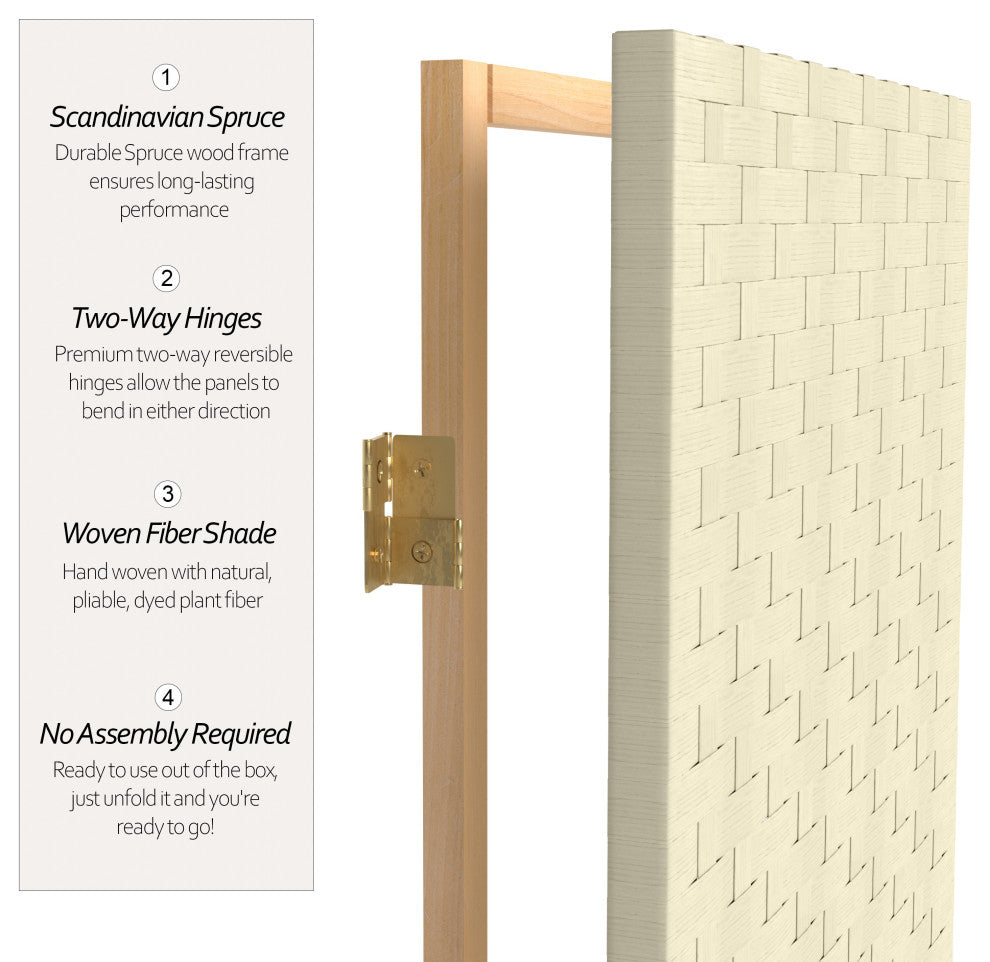 6' Tall Woven Fiber Room Divider, 5 Panel, Cream