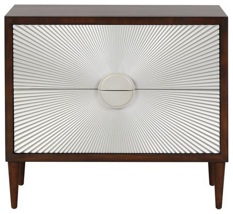 Benzara BM251150 Accent Table With Sunburst Design 2 Drawer Front, Brown/White