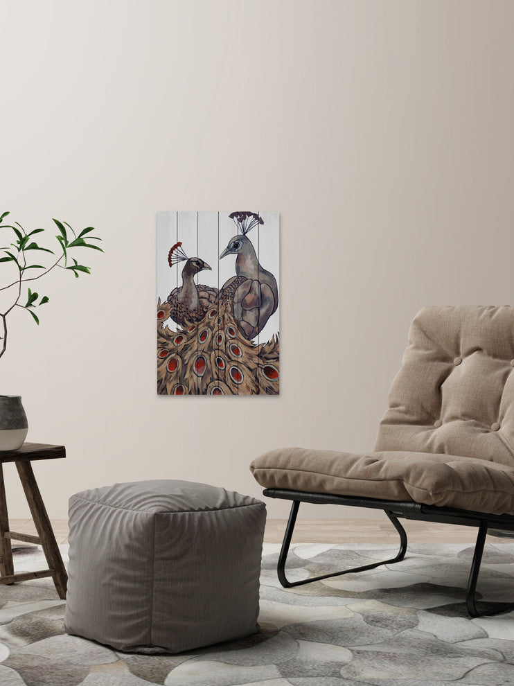 "Peacock Partner II" Painting Print on White Wood, 16"x24"