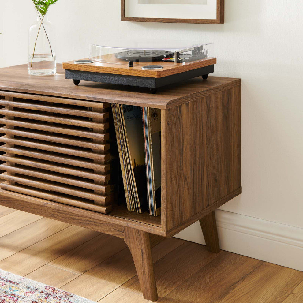 Modway Render Wood & Vinyl Record Display Stand with Sliding Door in Walnut