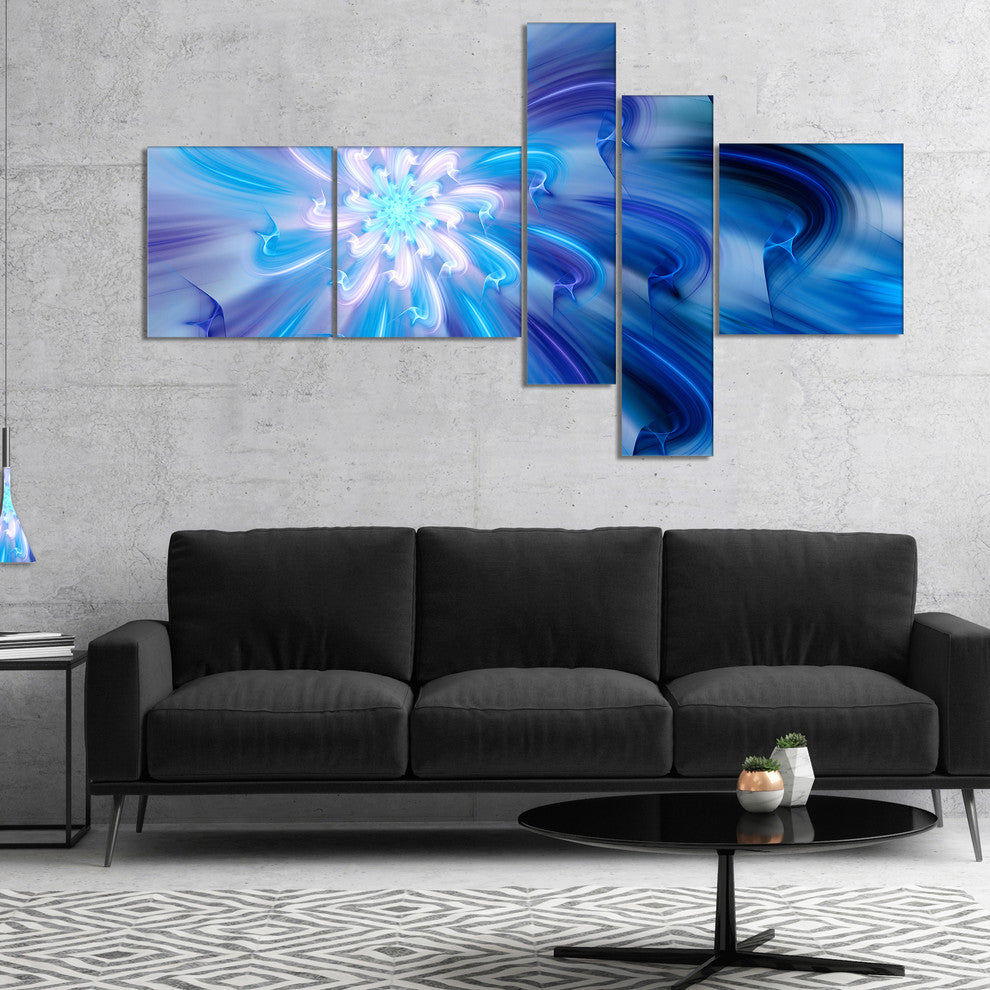 Dance of Blue Fractal Flower Petals, Floral Canvas Art Print, 60"x32", 5 panels