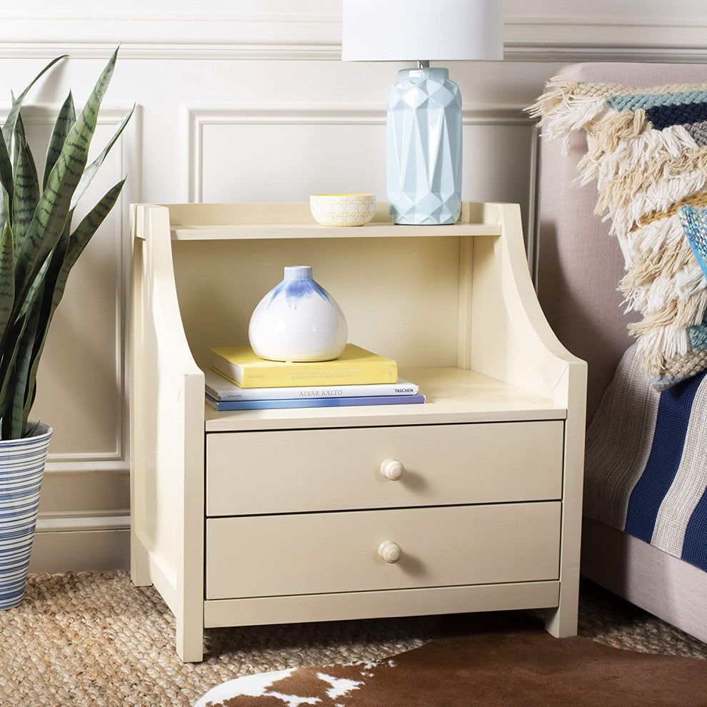 Unique Nightstand, 2 Drawers and Rectangular Top With Curved Accents, White