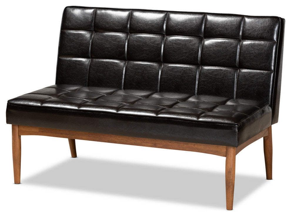 Devin Midcentury Modern 2-Piece Dining Banquette Seat, Dark Brown Faux Leather