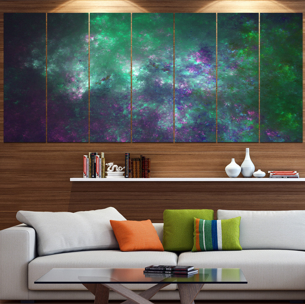 Green Starry Fractal Sky, Abstract Canvas Art Print, 83"x32", 7 Panels