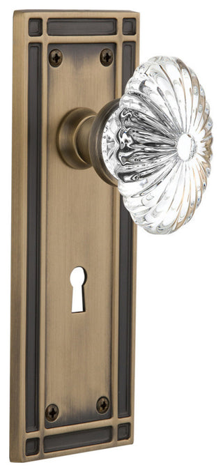 Single Mission Plate With Oval Fluted Crystal Knob, Antique Brass