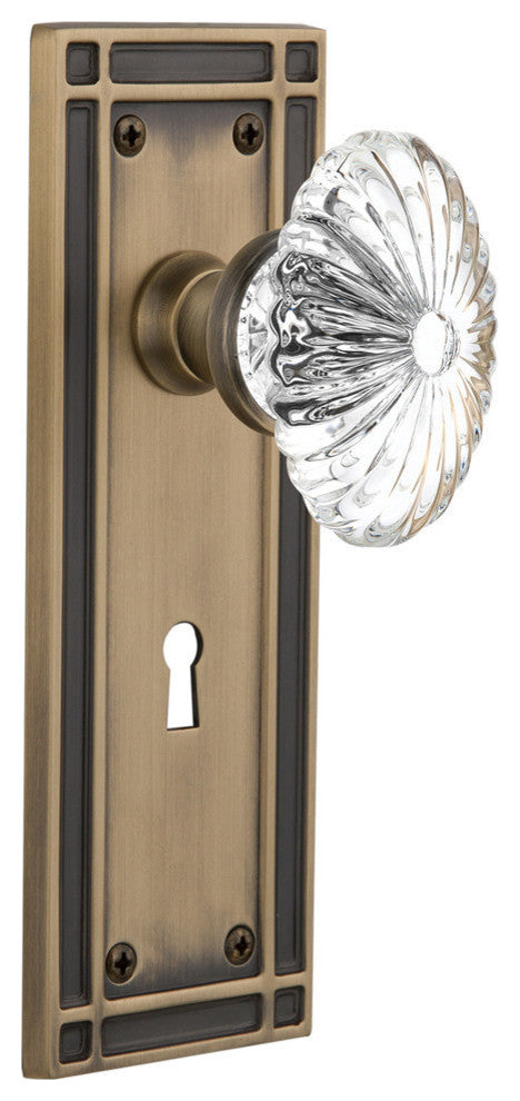 Single Mission Plate With Oval Fluted Crystal Knob, Antique Brass