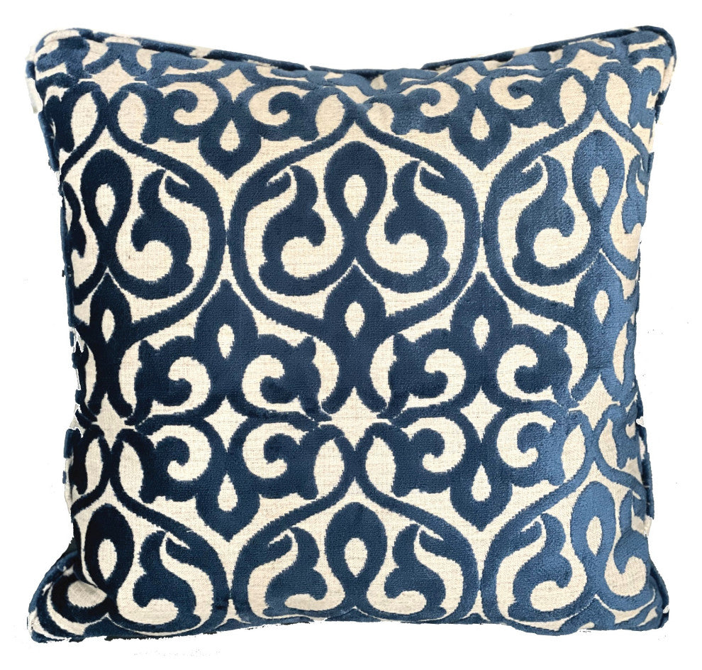 Plutus Velvety French Medallion Blue and Off White Geometric Luxury Throw Pillow, Double Sided  16"x16"