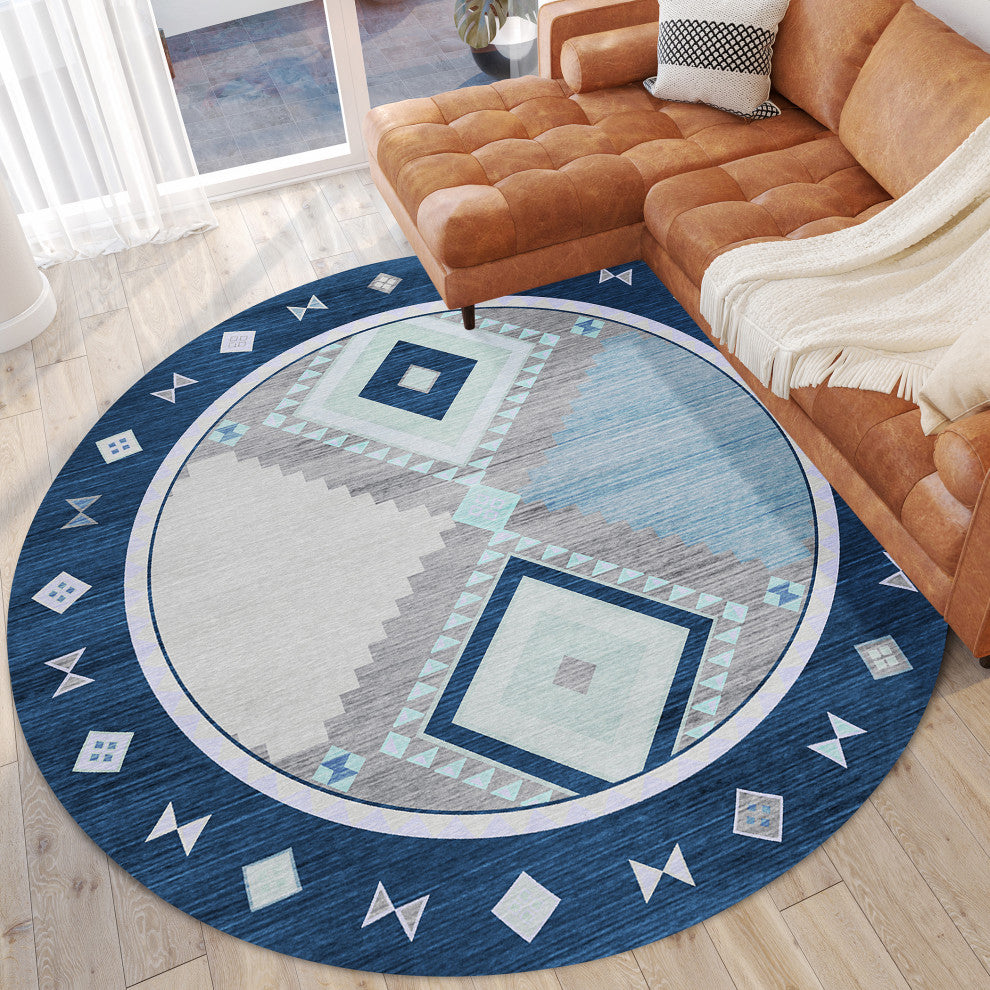Indoor/Outdoor Phoenix PH2 Denim Machine Washable 8' x 8' Round Rug