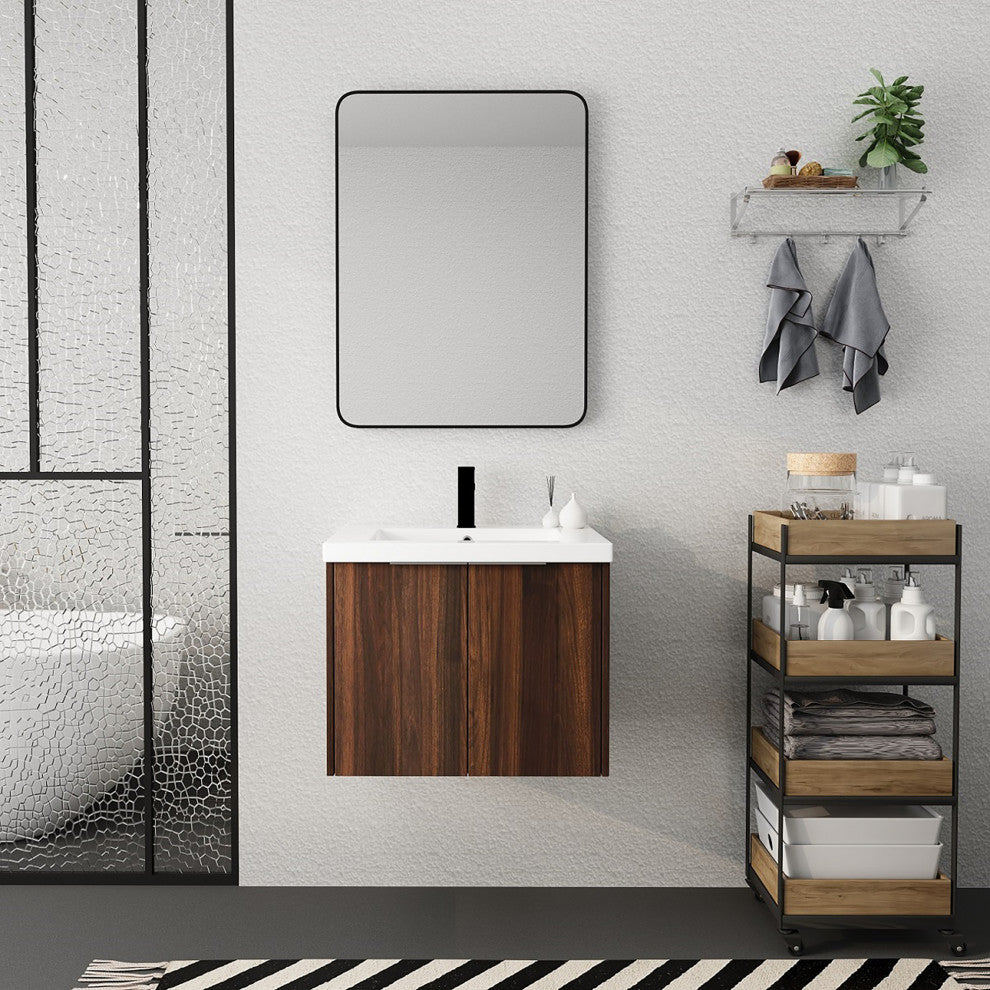 Wood Wall-Mounted Bathroom Vanity Set with Integrated Culture Marble Sink, 24 In