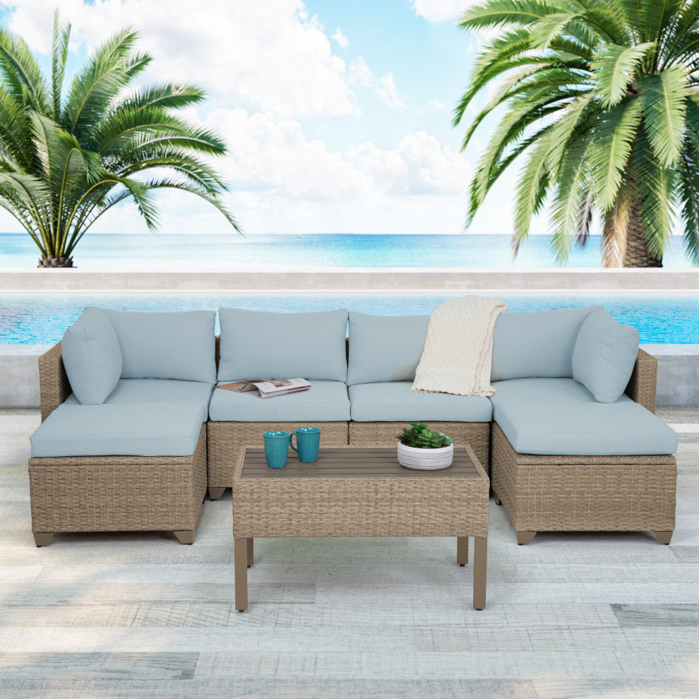 Maui 7-Piece Outdoor Conversation Set, Two Ottomans, Coffee Table, Sky Blue