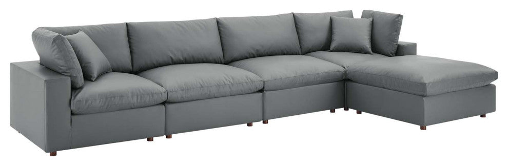 Commix Down Filled Overstuffed Vegan Leather 5-Piece Sectional Sofa - Gray