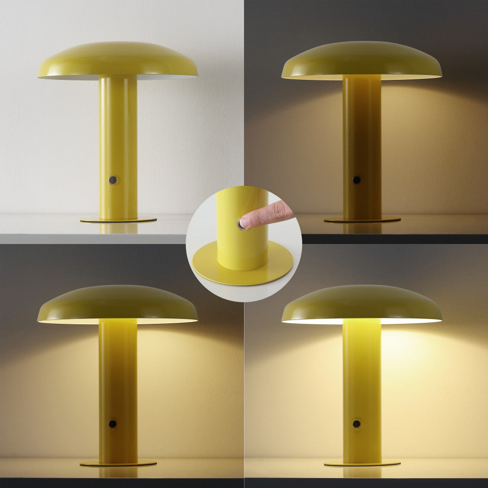 Suillius 11" Rechargeable/Cordless Iron Integrated Mushroom Table Lamp, Yellow