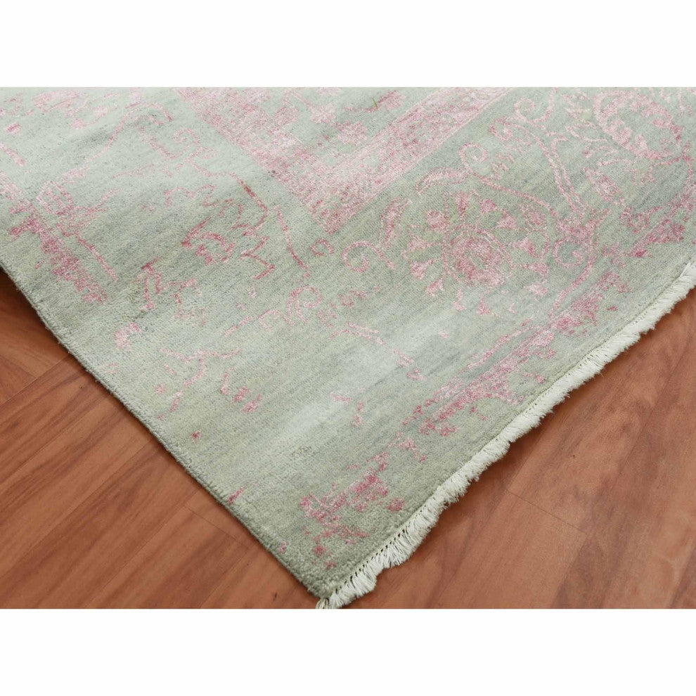 Sage Gray Broken Erased Persian Design Wool and Silk Hand Knotted Rug, 9'x11'10"