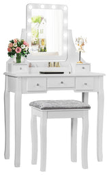 Costway Vanity Dressing Table Set W/Dimmable Bulbs Touch Switch Cushion Stool