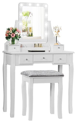 Costway Vanity Dressing Table Set W/Dimmable Bulbs Touch Switch Cushion Stool