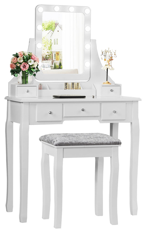 Costway Vanity Dressing Table Set W/Dimmable Bulbs Touch Switch Cushion Stool