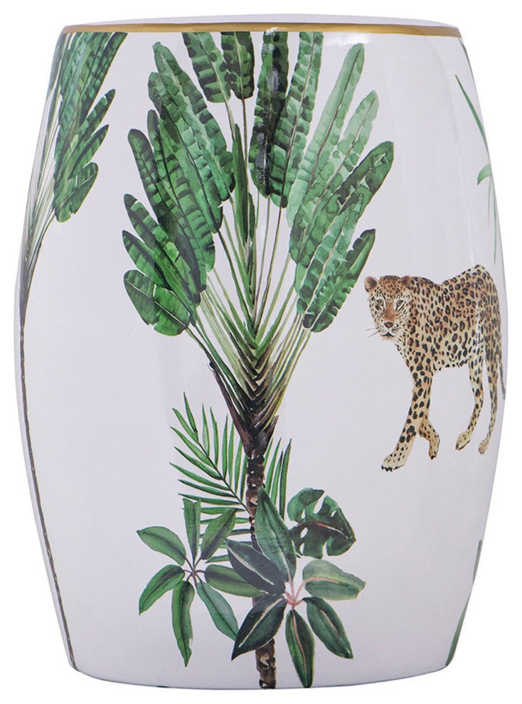 18 Inch Ceramic Accent Table, Drum Shape, Tropical Print, White, Green