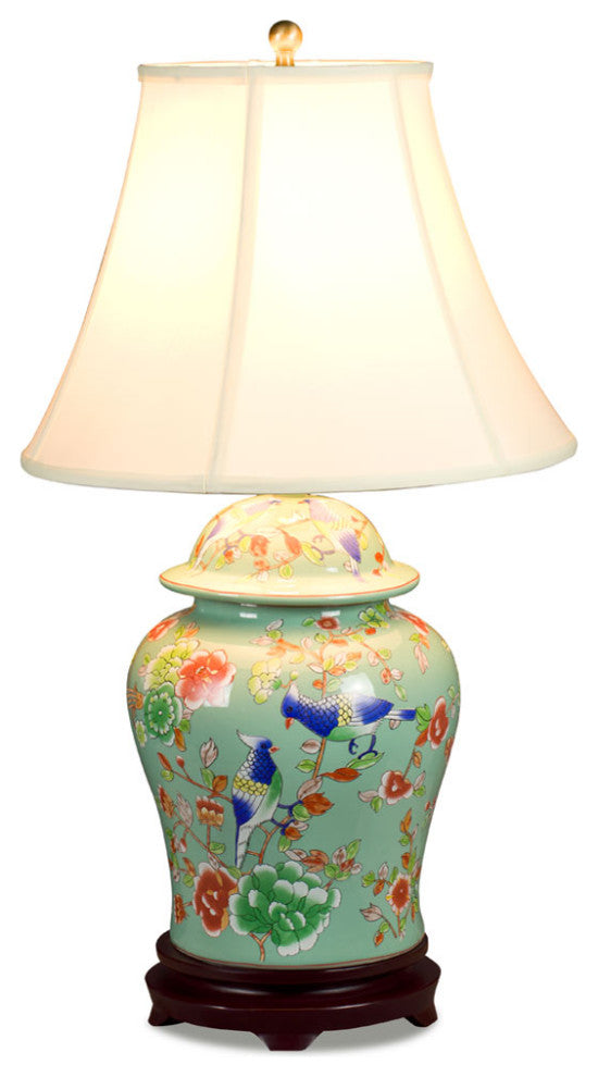 Light Teal Green Flower and Bird Motif Asian Porcelain Lamp