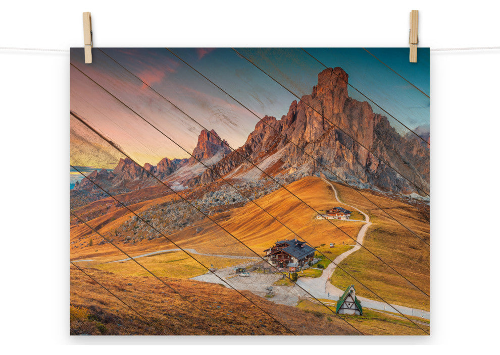 Faux Wood Majestic Sunset & Alpine Mountain Landscape Photo Wall Art Print, 16" X 20"