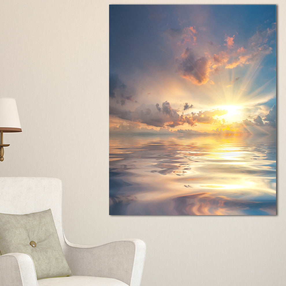 "Sunset Over Sea With Reflection" Modern Landscape Wall Art Canvas, 20"x40"