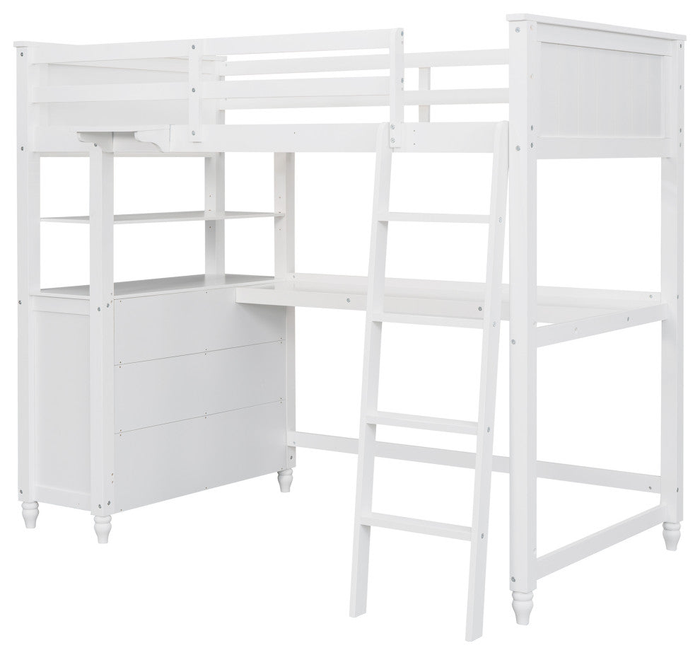 Gewnee Twin size Loft Bed with Drawers and Desk, Wooden Loft Bed in White