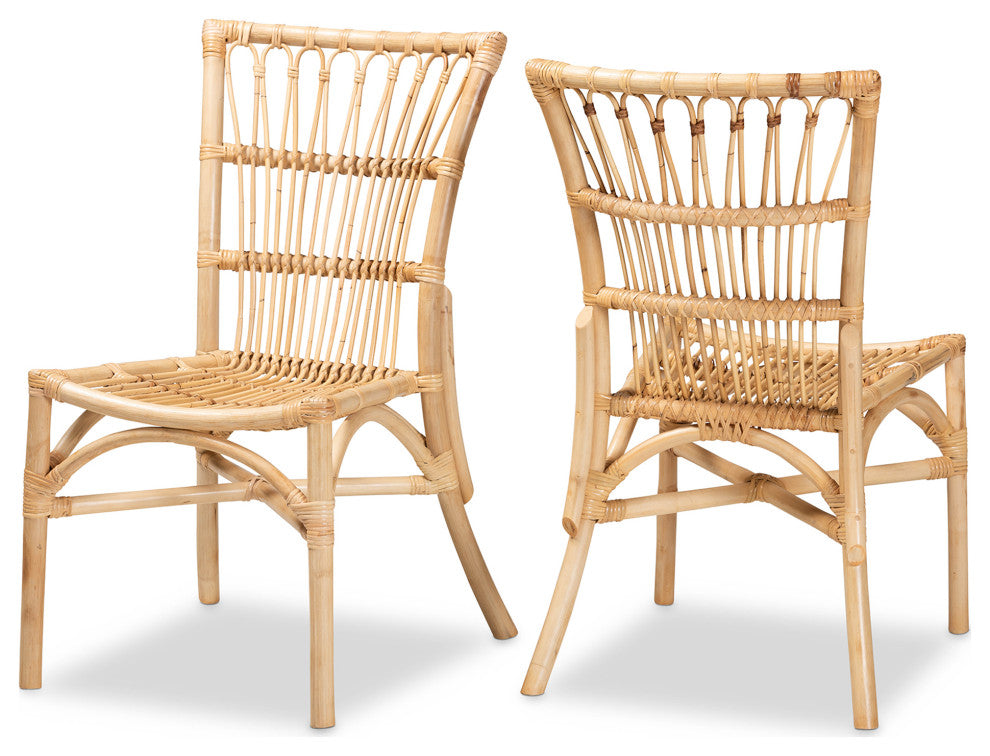 Ammi Modern Bohemian Natural Brown Rattan 2-Piece Dining Chair Set