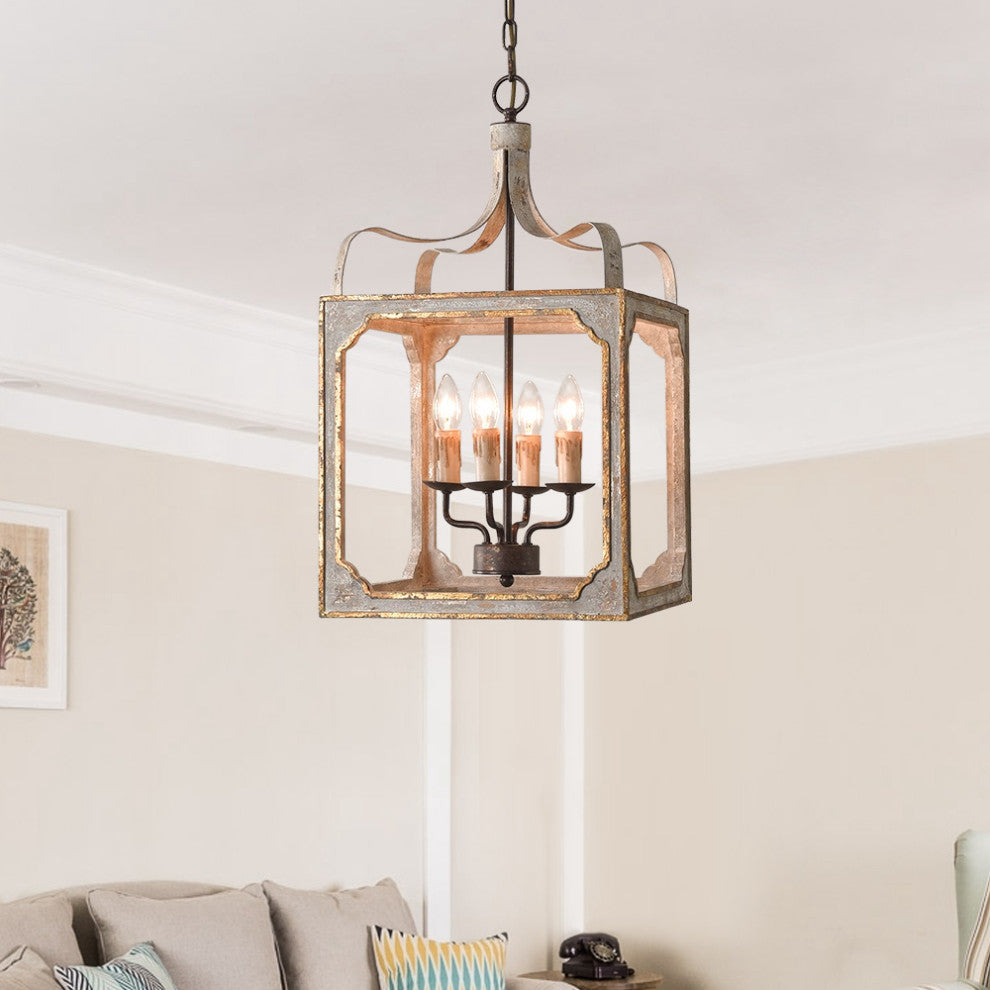 4-Light Lantern Chandelier Square Candelabra Pendant Light, Antique Gray