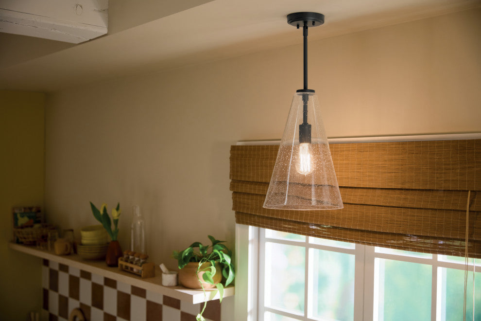 Everly 13.75" 1-Light Bell Pendant With Clear Seeded Glass, Black