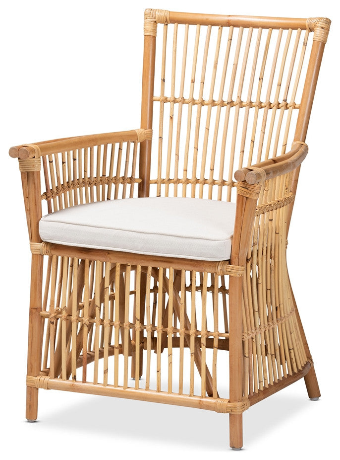 Modern Bohemian White Fabric Upholstered and Natural Brown Rattan Armchair