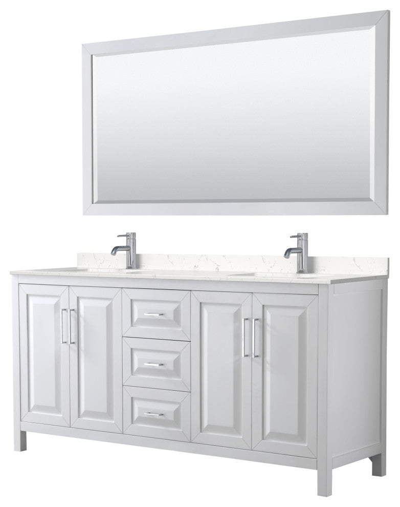 72, Double Vanity, White, Light-Vein Marble Top, SQ Sinks, 70, Mirror