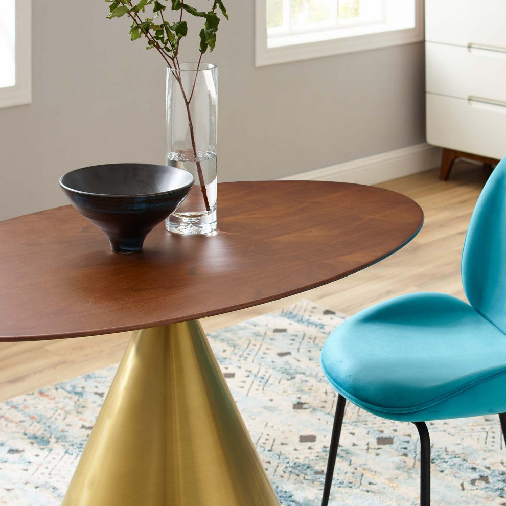 Dining Table, Oval, Wood, Metal, Gold Brown Brown Walnut, Cafe Bistro Restaurant