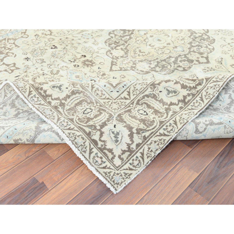 Ivory Hand Knotted Vintage Persian Kashan Worn Wool Oriental Rug 7'7" x 10'1"
