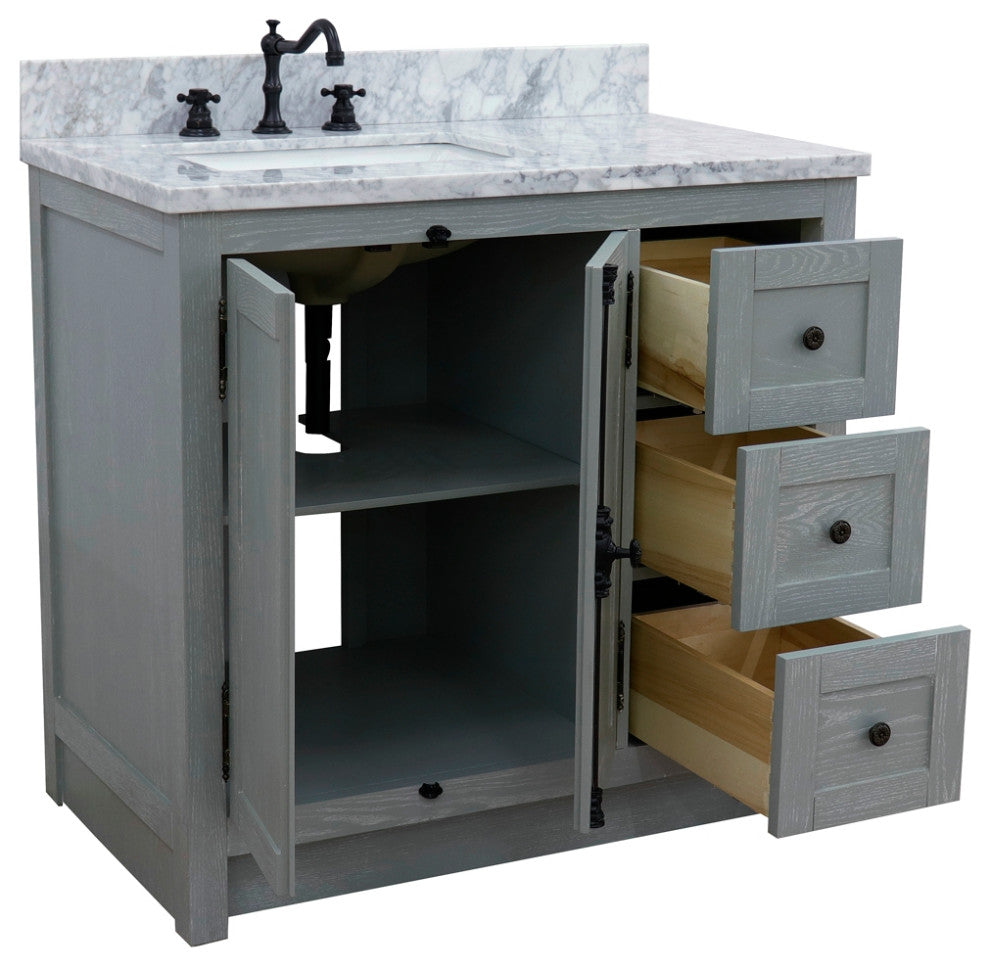 37" Vanity, Gray Ash With White Carrara Top, Left Doors/Left Rectangle Sink