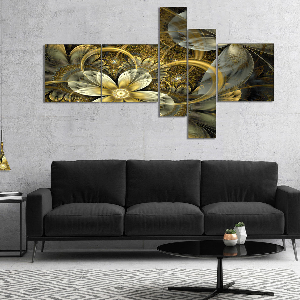 Fractal Orange Yellow Flowers, Floral Art Canvas Print, 60"x32", 5 panels