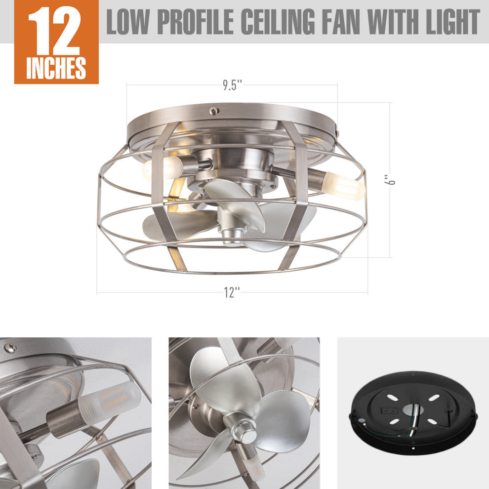 12 in Satin Nickel Hallway Flush Mount Ceiling Fan with Light Kit and Remote