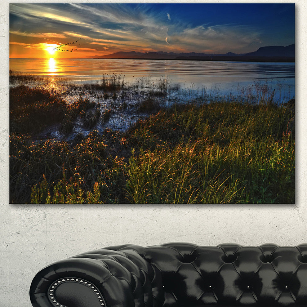 Warm River Sunset With Migrating Geese, Landscape Canvas Art Print, 40"x30"