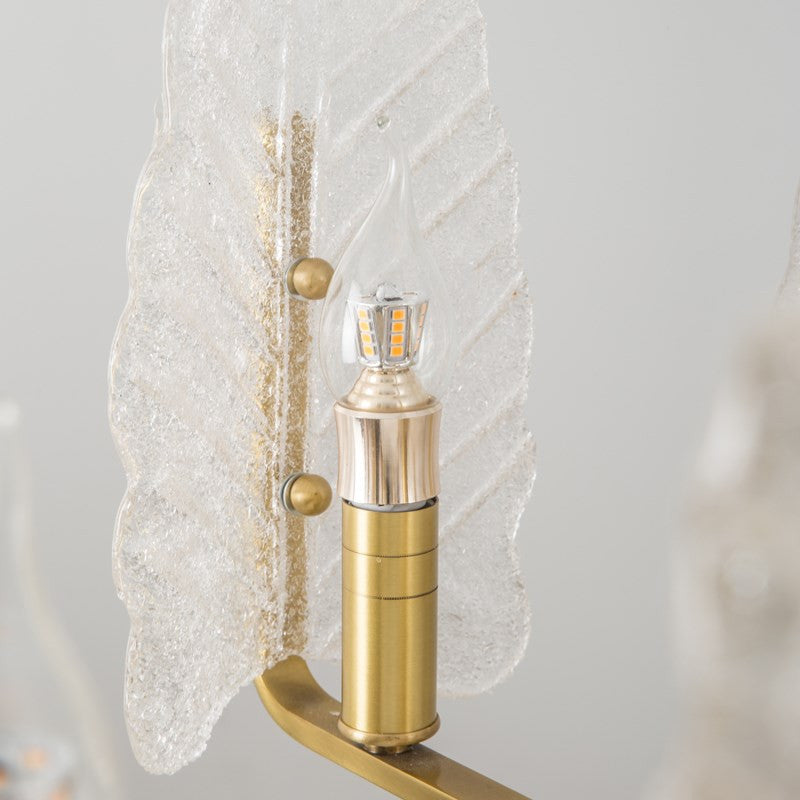 Lyss | Luxury Brass Chandelier with Leaves of Frosted Glass for Living Room, 8 Lights