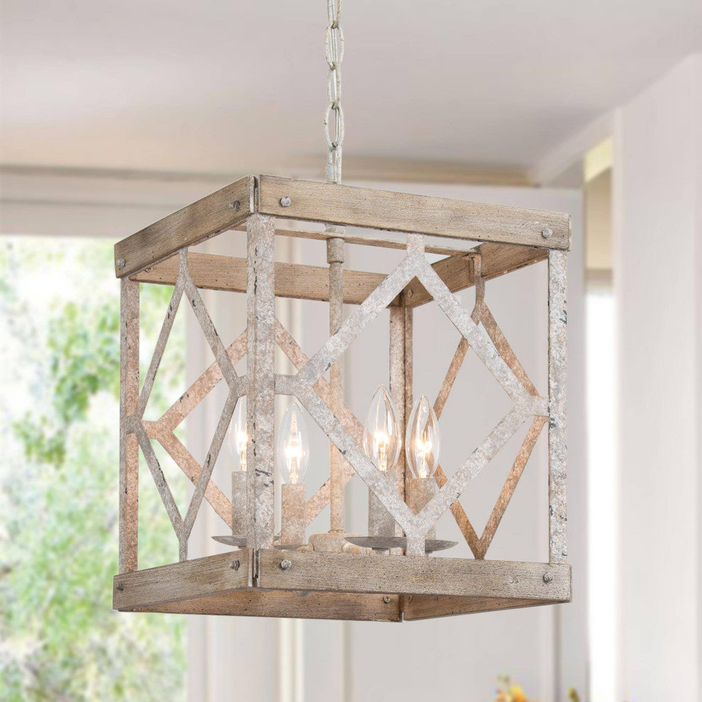LALUZ 4-Lights Antique White Wood Farmhouse Square Chandelier