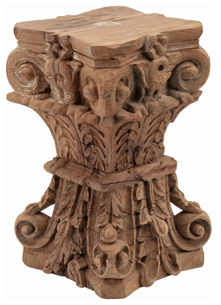 Benzara BM285223 Classic Stool Table, Carved Pillar Accent, Wood, Antique Brown