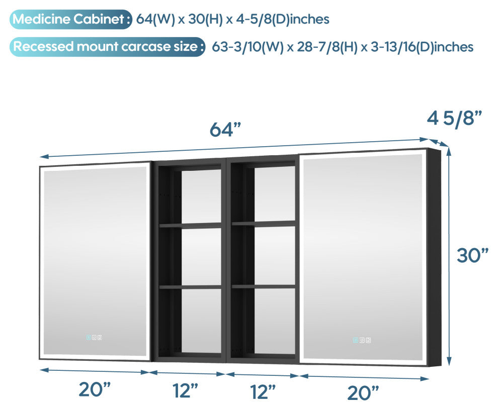 Framed LED Medicine Cabinet Recessed/Surface Mount, Dimmable, Anti-fog, Black, 64"x30" Left/Right Door, 2 Side Cabinets