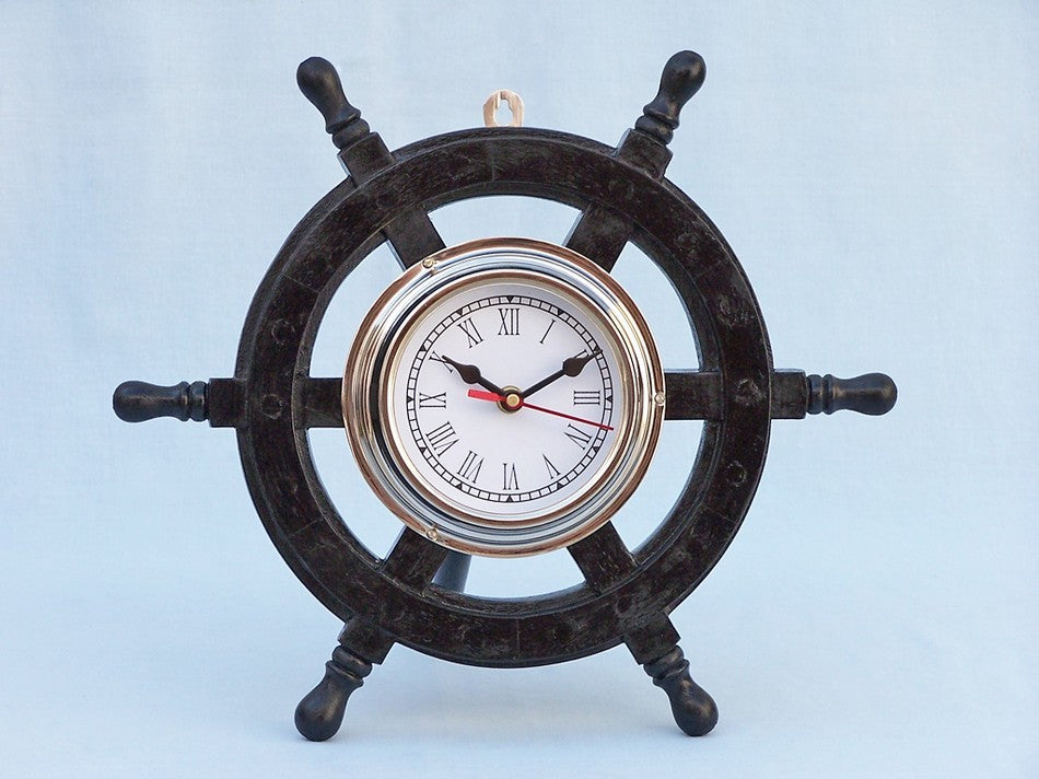 Deluxe Class Pirate Ship Wheel Clock, Wood and Chrome, 12"
