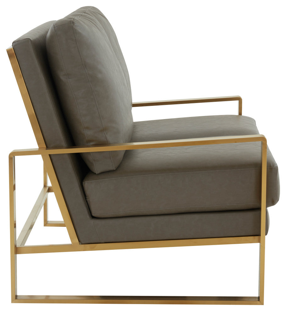 LeisureMod Jefferson Leather Modern Design Loveseat With Gold Frame, Gray