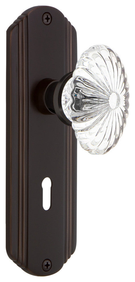 Deco Plate Interior Mortise Oval Fluted Crystal Glass Door Knob, Timeless Bronze